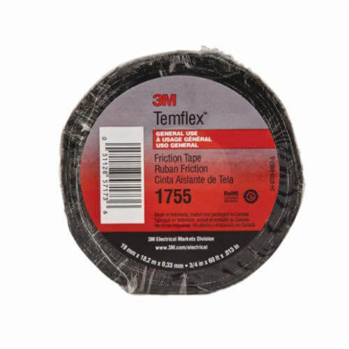 3M™ 7010297809 Temflex™ Friction Tape, Black, 3/4 in W x 82-1/2 ft L, 13 mm thick, Cotton Backing