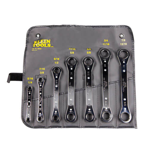 Klein® 68222 Box End Wrench Set, Ratcheting, Imperial, 1/4 x 5/16 to 13/16 x 7/8 in, 7 pc, 12 point, Offset, Box End Drive