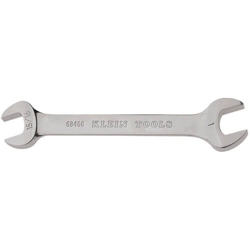 Klein® 68466 Open End Wrench, 15/16 to 1 in Wrench, Double End Head, 15° Offset, 11 in L, Alloy Steel, Polished Chrome/Nickel Plated