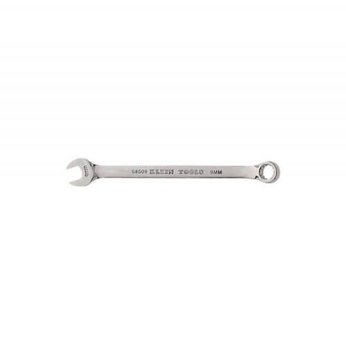 Klein® 68509 Combination Wrench, 9 mm Wrench, 12 Points, 15° Offset, 6-1/8 in OAL, Forged Alloy Steel, Polished Chrome/Nickel Plated