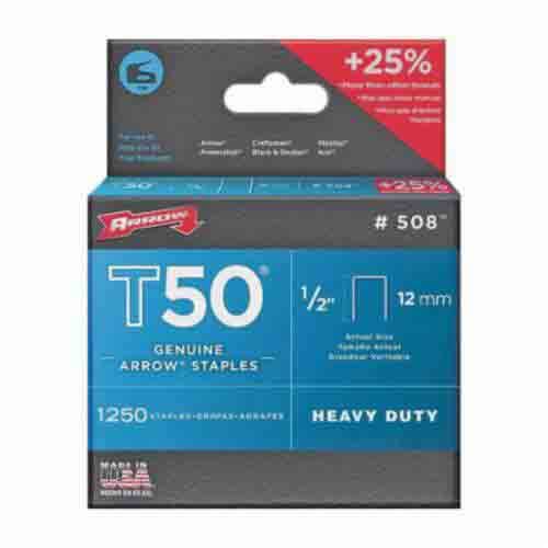 Arrow™ 50824 T50® Heavy Duty Staples, Steel, Polished Chrome, 1/2 in Staple Length, 3/8 in W Crown, 1/2 in Leg Length