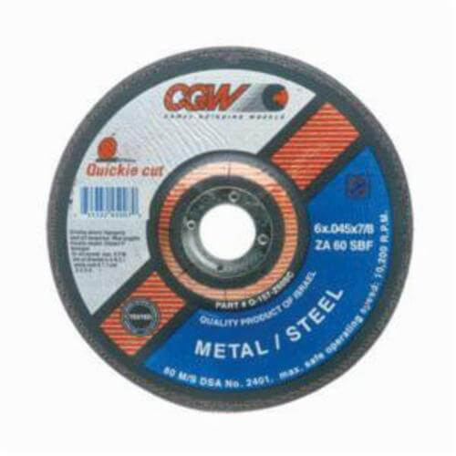 CGW® Quickie Cut™ 45005 Quickie Cut™ Type 27 Reinforced Cut-Off Wheel, 5 in dia x 0.045 in Thick, 7/8 in Center Hole, 60 Grit