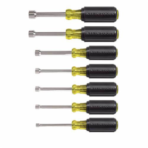 Klein® 631 Nut Driver Set, 7 pc, 18-1/4 in OAL, Cushion Grip Handle, Steel, Polished Chrome