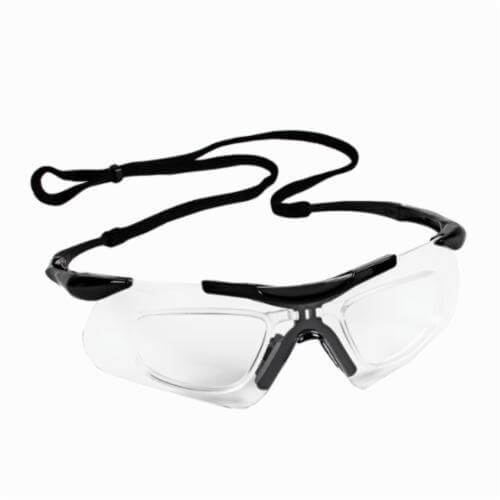 KleenGuard* 38503 V60 Nemesis® Safety Glasses with Neck Cord Nylon RX Inserts, Anti-Fog, Clear Lens, Frameless, Black