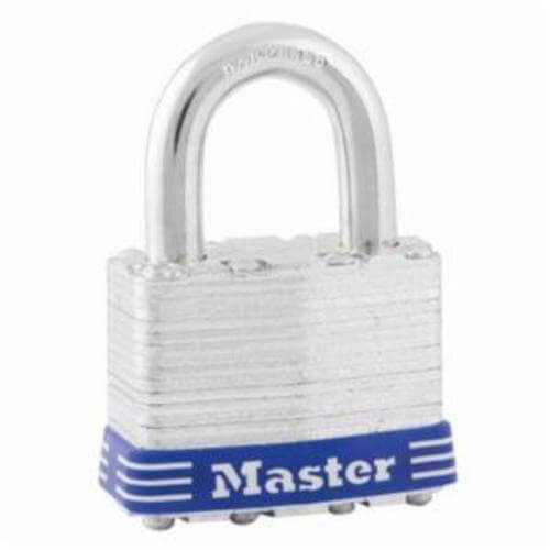 Master Lock® 1D Safety Padlock, Keyed Different Key, 5/16 in Shackle, Laminated Steel Body, Silver, 4-Pin Tumbler Cylindrical Locking