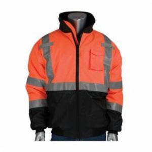 PIP® 333-1740-OR Bomber Jacket, Polyester, Water Resistant, Unisex, Flap/Zipper Closure, Hi-Viz Orange