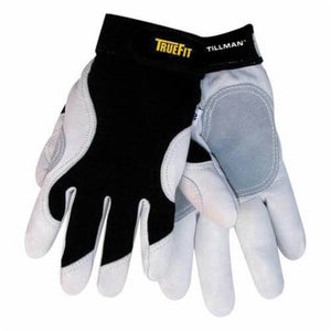 Tillman™ TrueFit™ 1470M Premium Grade General Purpose Gloves, Mechanics, M, Grain Goatskin Leather Palm, Nylon/Spandex®, Black/White, Elastic Cuff