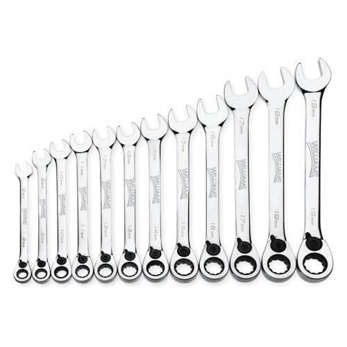 Williams® Combination Wrench Set, Ratcheting Reversible, Metric, 8 to 19 mm, 12 pc, 12-Point, Polished Chrome