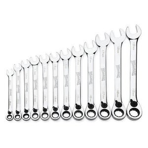 Williams® Combination Wrench Set, Ratcheting Reversible, Metric, 8 to 19 mm, 12 pc, 12-Point, Polished Chrome