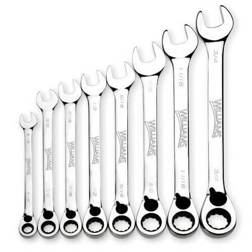 Williams® Combination Wrench Set, Ratcheting Reversible, Imperial, 5/16 to 3/4 in, 8 pc, 12-Point, Polished Chrome