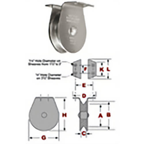 Block Division 03058 Flat Mount Single Sheave Pulley Block, Wire/Fiber Rope Cable, 1/4 in, 800 lb Load, 2-1/2 in ID x 3 in OD
