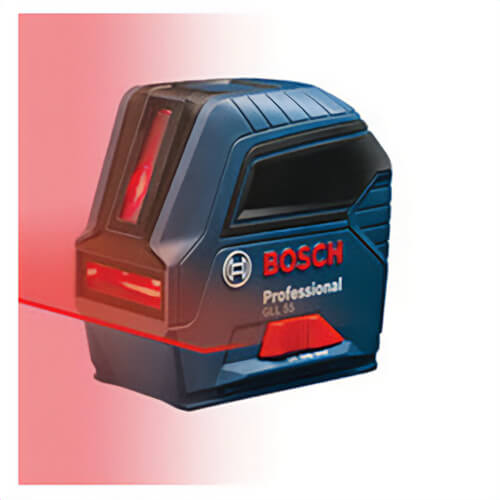 Bosch GLL 55 Cross Line Laser, Bare Tool, +/-1/8 in Accuracy, 50 ft Measuring, +/-4° Auto Leveling, 2 Beam