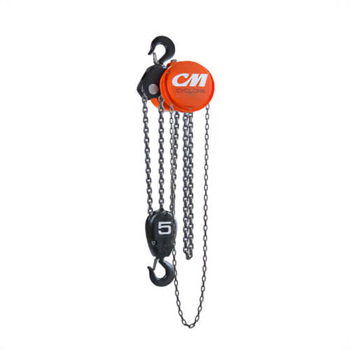 CM® 4839 Cyclone® Hand Chain Hoist with Low Headroom Plain Trolley, 3 Reeving, 10 ft Lift, 24.25 in Headroom, 5 ton