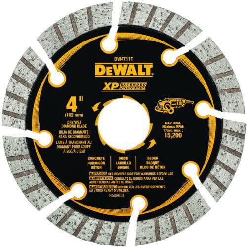DeWALT® DW4711T HP™ Turbo Segmented Rim diamond Saw Blade, 4 in dia Blade, 1 in D Cutting, 7/8 in Arbor/Shank, Fast Cutting