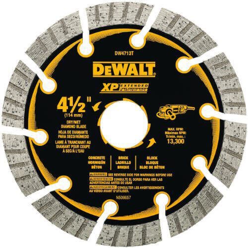 DeWALT® DW4713T HP™ Turbo Segmented Rim diamond Saw Blade, 4-1/2 in dia Blade, 1-1/4 in D Cutting, 7/8 in Arbor/Shank, Fast Cutting