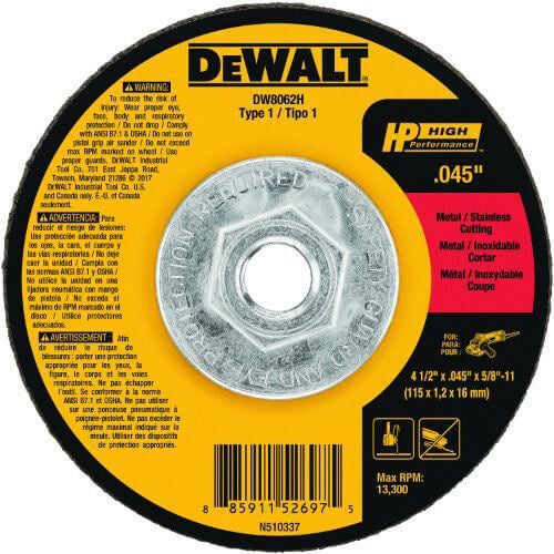 DeWALT® HP™ DW8062H Mini-Hub Small dia Cut-Off Wheel, 4-1/2 in dia x 0.045 in Thick, 24 Grit, Aluminum Oxide Abrasive