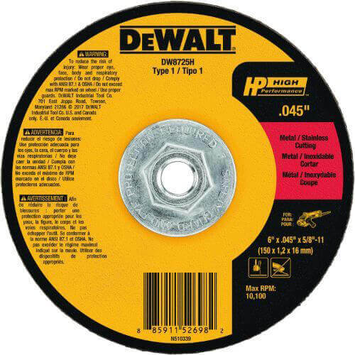 DeWALT® HP™ DW8725H Mini-Hub Small dia Cut-Off Wheel, 6 in dia x 0.045 in Thick, 24 Grit, Aluminum Oxide Abrasive