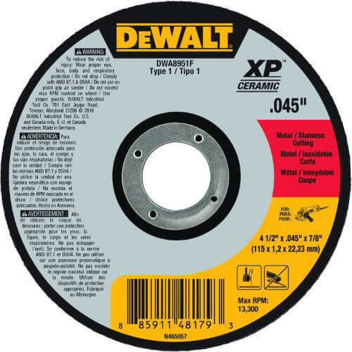 DeWALT® XP™ DWA8951F Small dia Cut-Off Wheel, 4-1/2 in dia x 0.045 in Thick, 7/8 in Center Hole, 60 Grit, Aluminum Oxide Abrasive