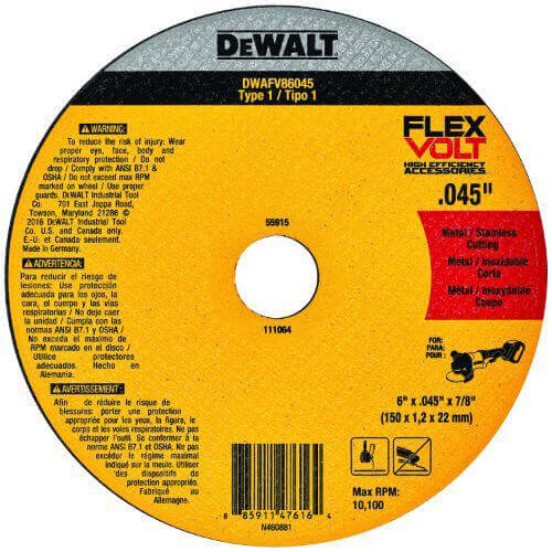 DeWALT® DWAFV86045 FlexVolt® Small dia FlexVolt Cut-Off Wheel, 6 in dia x 0.045 in Thick, 7/8 in Center Hole, 24 Grit, Ceramic Abrasive