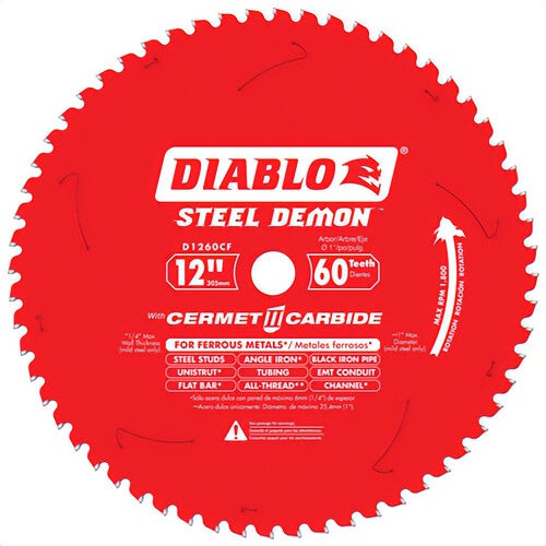 Diablo® D1260CF Laser Cut Circular Saw Blade, 12 in dia x 0.071 in thick, 1 in Arbor, Carbide Blade, 60 Teeth