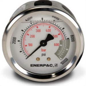 Enerpac® G2537R Hydraulic Pressure Gauge, 2.50 in Face, Center Rear Mount, Glycerine Filled, 10,000 Maximum psi