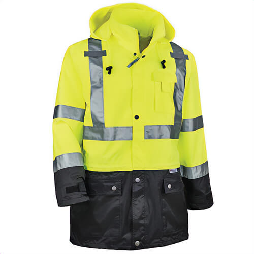 Ergodyne® 25325 8365BK GloWear® Rain Jacket, XL, Hi-Viz Lime, 300D Oxford Polyester, Resists: Water, ANSI 107 Type R Class 3