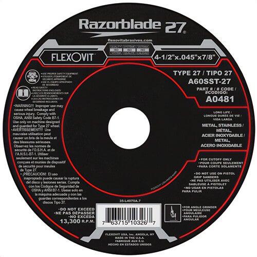 FlexOvit® Razorblade® 27 A0481 Thin Depressed Center Cut-Off Wheel, 4-1/2 in dia x 0.045 in Thick, 7/8 in Center Hole, 60 Grit