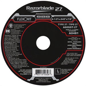 FlexOvit® Razorblade® 27 A0481 Thin Depressed Center Cut-Off Wheel, 4-1/2 in dia x 0.045 in Thick, 7/8 in Center Hole, 60 Grit