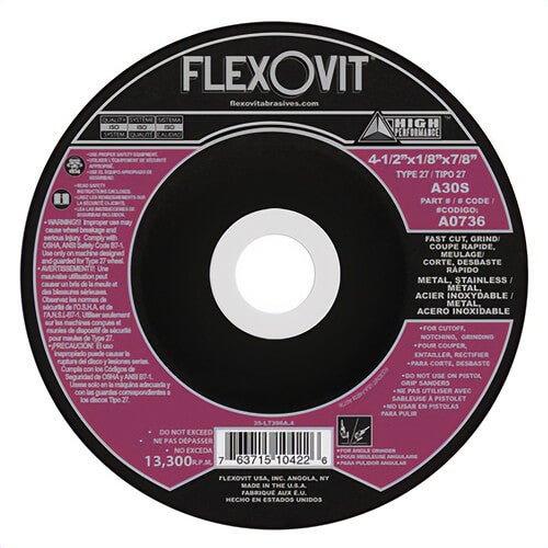 FlexOvit® High Performance™ A0736 Depressed Center Cut-Off Wheel, 4-1/2 in dia x 1/8 in Thick, 7/8 in Center Hole, A30S Grit