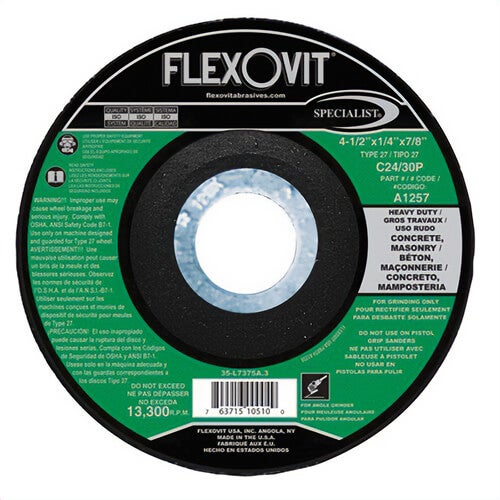 FlexOvit® A1257 Heavy Duty Depressed Center Grinding Wheel, 4-1/2 in dia x 1/4 in Thick, 7/8 in Center Hole, C24/30P Grit
