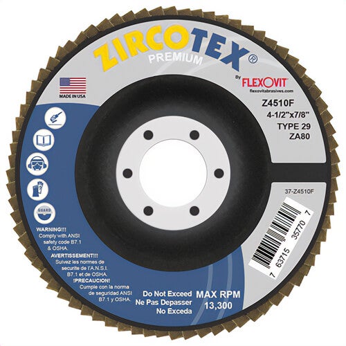 FlexOvit® Z4537F Zircomax® High Density Coated Abrasive Flap Disc, 4-1/2 in dia Disc, 7/8 in Center Hole, ZA60 Grit, Premium Grade