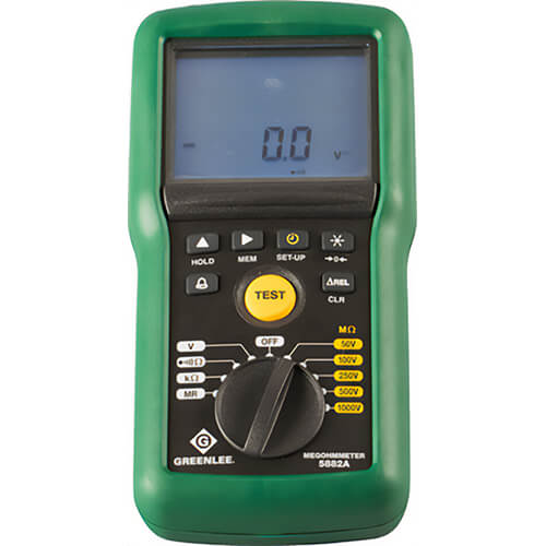 Greenlee® 5882A Megohmmeter/Insulation Tester, Hand Held, 1 kV, 15.3 to 800 Hz, 0 Ohm to 1000 kOhm, Safety Rating CAT IV 600V