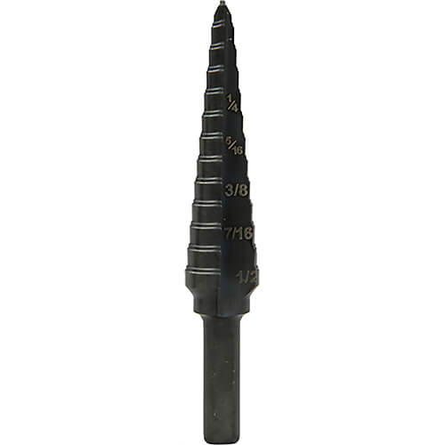 Greenlee® GSB01 Multi-Hole Step Drill Bit, 1/8 in dia Min Hole, 1/2 in dia Max Hole, 13 Steps, Mild Steel