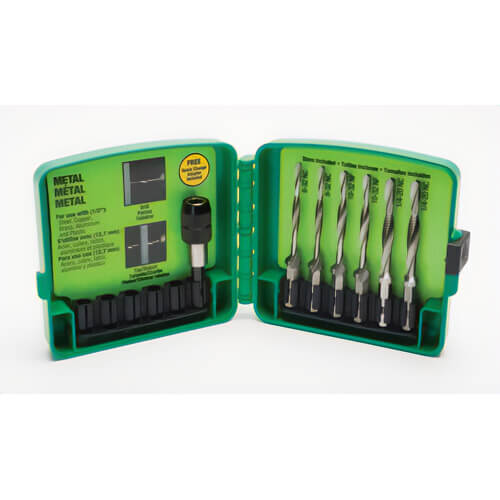 Greenlee® LDTAPKIT Drill/Tap Kit, Long Length, Imperial, 6 pc, #8-32 to 1/4-20 Tap, 1/4 in Drill, UNC/UNF, HSS Tap, HSS Drill, Bright Tap