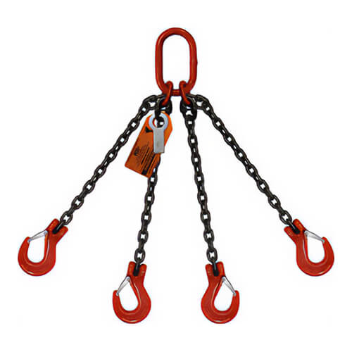 HSI® Quad Leg Chain Sling, 9/32 in dia, 15 ft Length, Oblong Link to Sling Hook Ends, 11,200 lb Working Load Limit