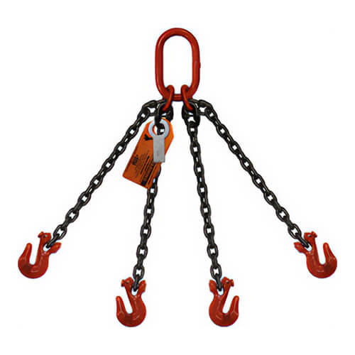 HSI® Quad Leg Bridle Chain Sling, 9/32 in dia, 15 ft Length, Oblong Link to Grab Hook Ends, 11,200 lb Working Load Limit