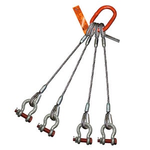 HSI® Four Leg Wire Rope Sling, 9/16 in dia, 26 ft L, Bolt Anchor Shackle Ends, 11 ton Capacity, Domestic