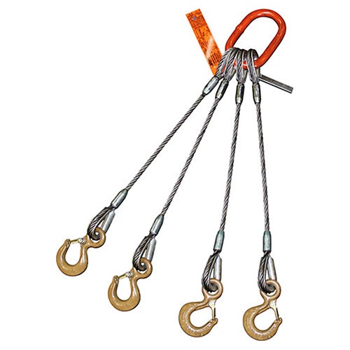 HSI® Four Leg Wire Rope Sling, 1/2 in dia, 26 ft L, Eye Hook with Safety Latch Ends, 8.8 ton Capacity, Domestic