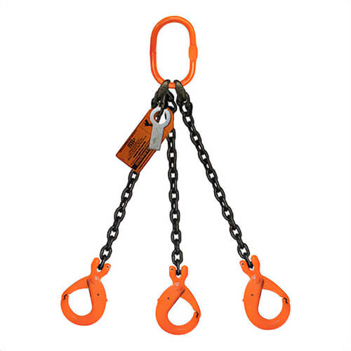 HSI® Triple Leg Bridle Chain Sling, 3/4 in dia, 18 ft L, CM® Oblong Link to Latchlok® Hook Ends, 91,700 lb Working Load Limit