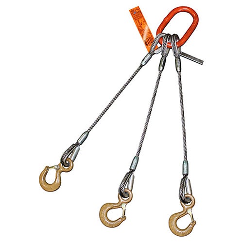 HSI® Three Leg Wire Rope Sling, 9/16 in dia, 26 ft L, Eye Hook with Safety Latch Ends, 8.3 ton Capacity, Domestic
