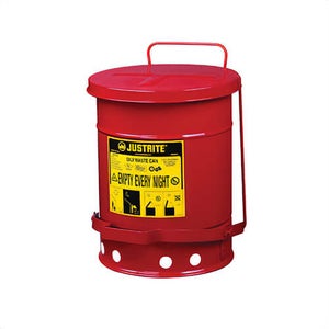 Justrite® 09100 Foot Operated Oily Waste Can with Self-Closing Cover, 6 gal Capacity, 11-7/8 in dia x 15-7/8 in H, Steel, Red