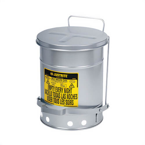 Justrite® 09504 Foot Operated Oily Waste Can with Self-Closing SoundGard™ Cover, 14 gal Capacity, 16.063 in dia x 20-1/4 in H, Steel, Silver