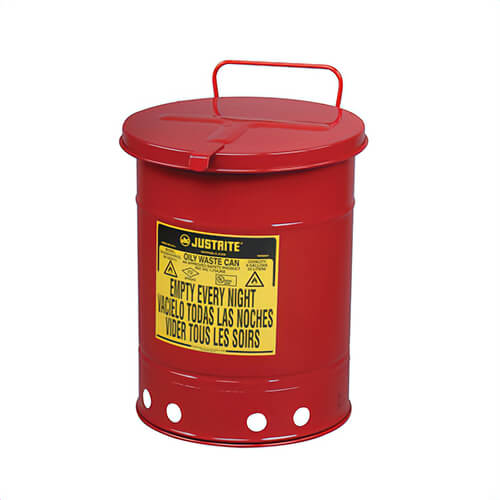 Justrite® 09510 Hand Operated Oily Waste Can, 14 gal Capacity, 16.063 in dia x 20-1/4 in H, Steel, Red