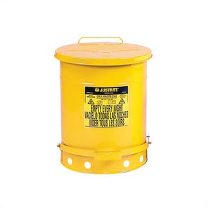 Justrite® 09701 Standard Foot Operated Oily Waste Can with Self-Closing Cover, 21 gal Capacity, 18-3/8 in dia x 23.438 in H, Yellow