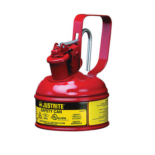 Justrite® 10001 Type I Safety Can with Trigger Handle and Stainless Steel Flame Arrester, 1 pt Capacity, 4-13/16 in dia x 6-3/4 in H, Steel, Red