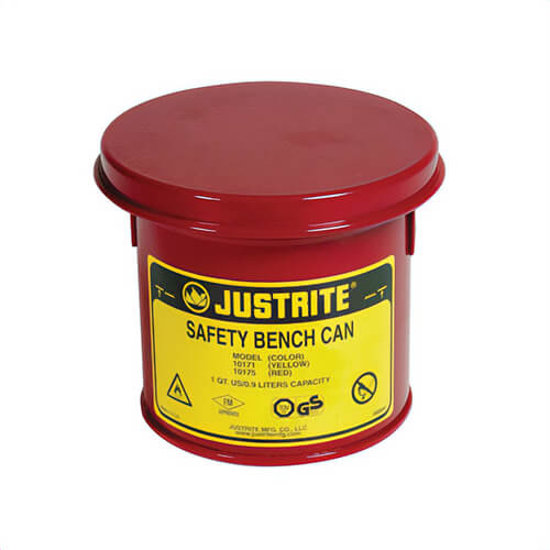 Justrite® 10175 Bench Can, 1 qt Capacity, 4-7/8 in dia x 5-1/2 in H, Galvanized Steel, Red