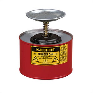 Justrite® 10208 Plunger Dispensing Can, 2 qt, Steel, Red, Brass/Ryton® Plunger, 5 in dia Dasher Plate
