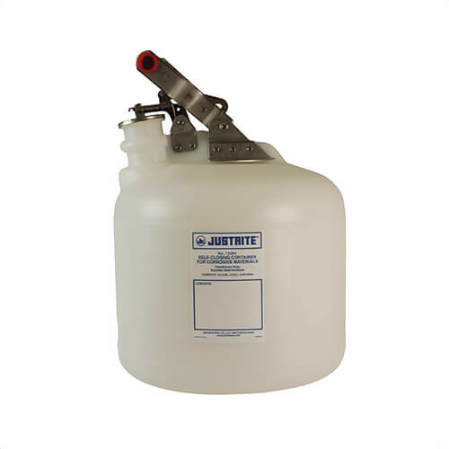 Justrite® 12260 Self-Closing Safety Container with Stainless Steel Hardware, 2.5 gal Capacity, 10-3/4 in dia, 15-1/4 in H, Polyethylene, White