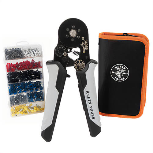 Klein® 34061 Ratcheting Ferrule Hex Crimper Set with 10 to 22 AWG Wire, Ergonomic Grip, Steel, 1200 Terminals, Soft Case