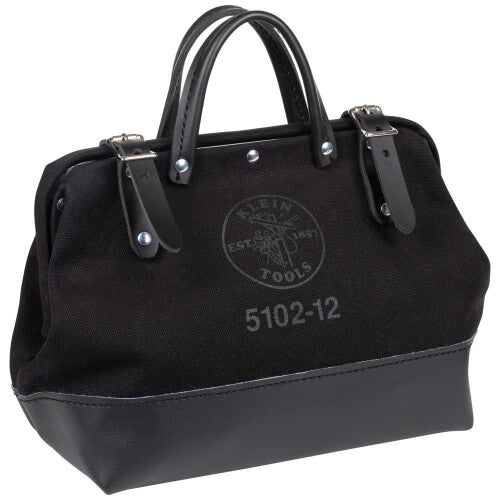 Klein® 510212BLK Tool Bag, Canvas, Black, Stitched and Riveted Leather Handles, Black, 12 L x 10 H x 6 W in